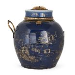 A Chinese porceain monochrome jar and cover, 18th century, painted in gilt with an expansive