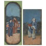 A pair of Chinese reverse glass paintings, late 19th century, one depicting two men in traditional