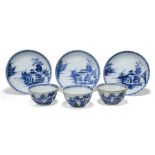 Three pairs of Chinese porcelain blue and white 'pagoda' teabowls and saucers excavated from the