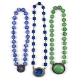 Three Chinese Peking glass bead necklaces, 20th century, one of square facetted blue beads, one of