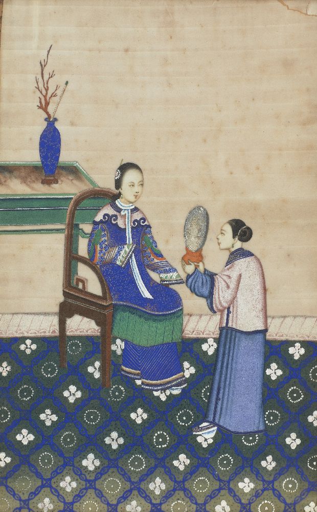 A Chinese rice paper painting of a seated lady, late 19th century, depicted in traditional dress