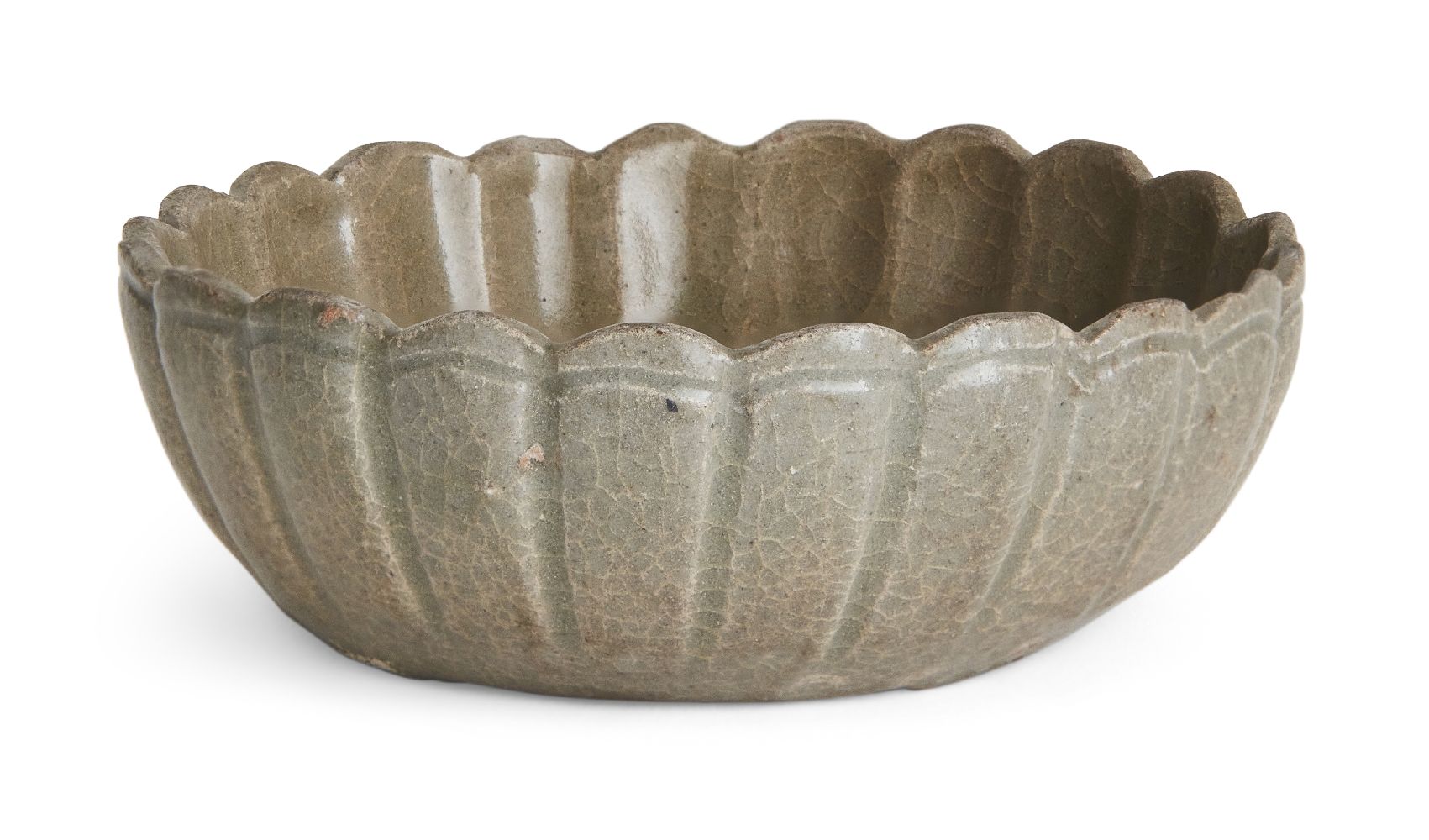 A Korean stoneware celadon 'flowerhead' small bowl, Goryeo dynasty, the exterior moulded as a band