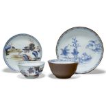 Two Chinese porcelain teabowls and saucers excavated from the Nanking Cargo, circa 1750, one teabowl