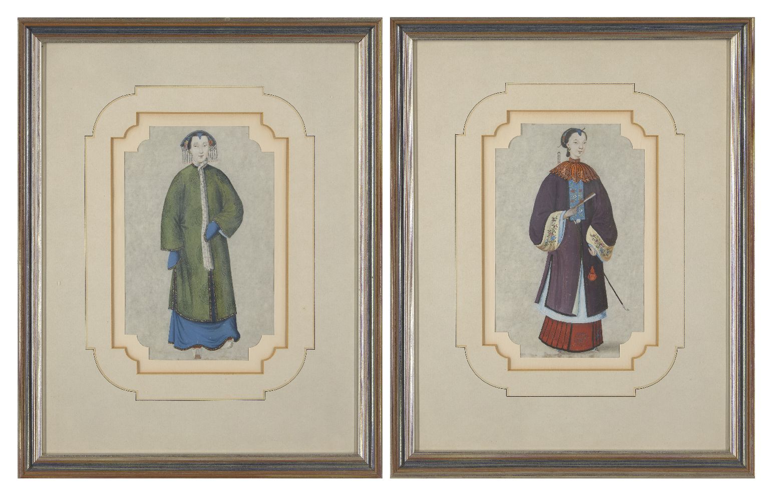 A pair of Chinese gouache paintings on paper, late 19th century, each depicting court women, 23.