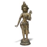 A Chinese bronze figure of Parvati, early 20th century, cast standing with left hand raised