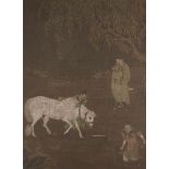 19th century Chinese School, large ink and colour on silk, study of a horse with three grooms