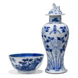 Two pieces of Chinese blue and white porcelain, 19th century, comprising a vase and cover painted