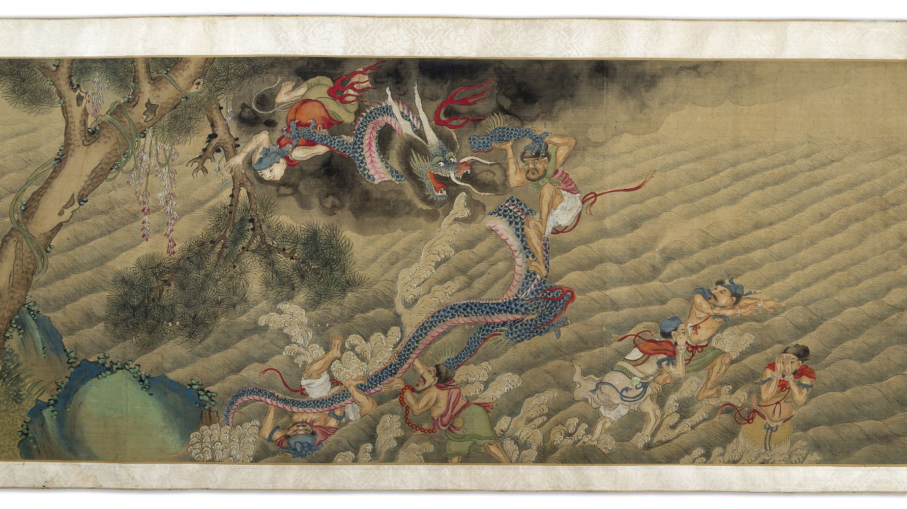 19th century Chinese School, ink and colour on silk handscroll, finely painted with immortals in