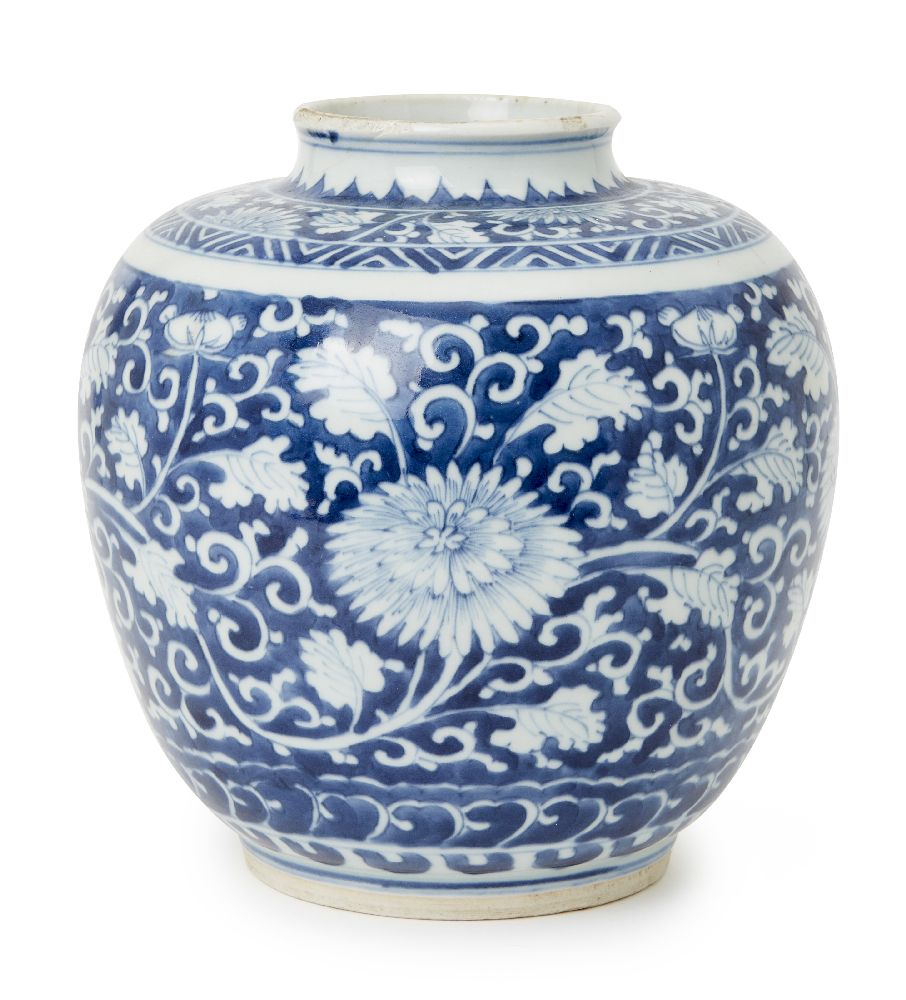 A Chinese porcelain 'chrysanthemum' jar, 18th century, painted in underglaze blue with flowering