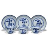 Three pairs of Chinese porcelain blue and white 'pine' teabowls and saucers excavated from the
