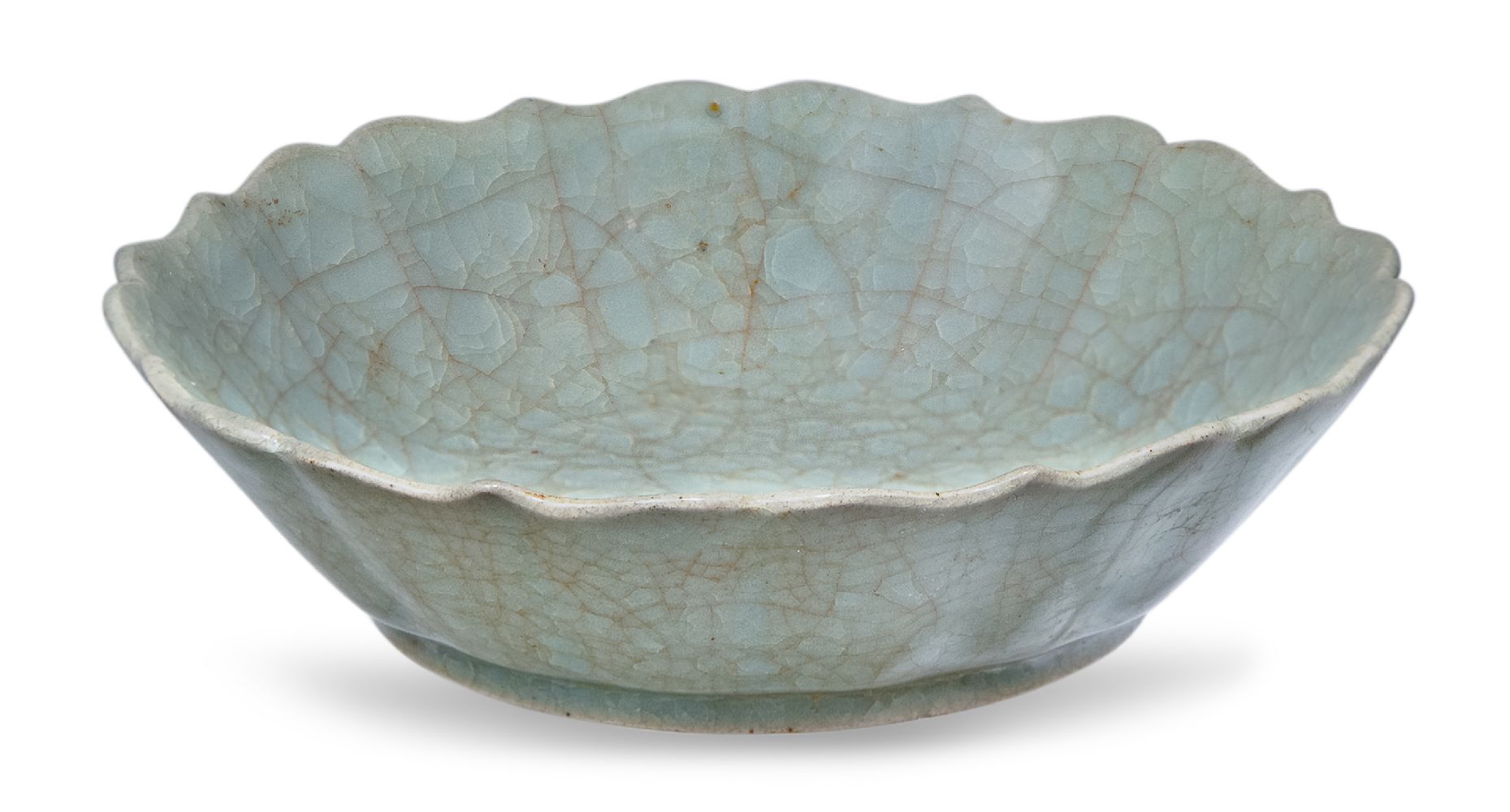 A Chinese ge-type celadon crackle-glazed shallow bowl, Qing dynasty, the bowl with a moulded lotus