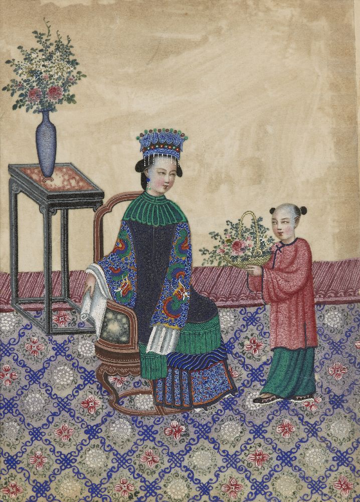 A Chinese gouache painting on pith paper, ca.1900, depicting an attendant presenting a basket of