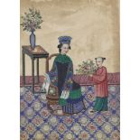 A Chinese gouache painting on pith paper, ca.1900, depicting an attendant presenting a basket of