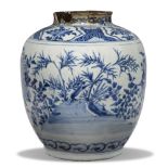 A Chinese porcelain blue and white ovoid jar, late Ming dynasty, 17th century, decorated to the body