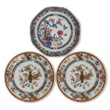 Three Chinese export porcelain dishes, 18th century, two painted in iron-red and gilt enamels with
