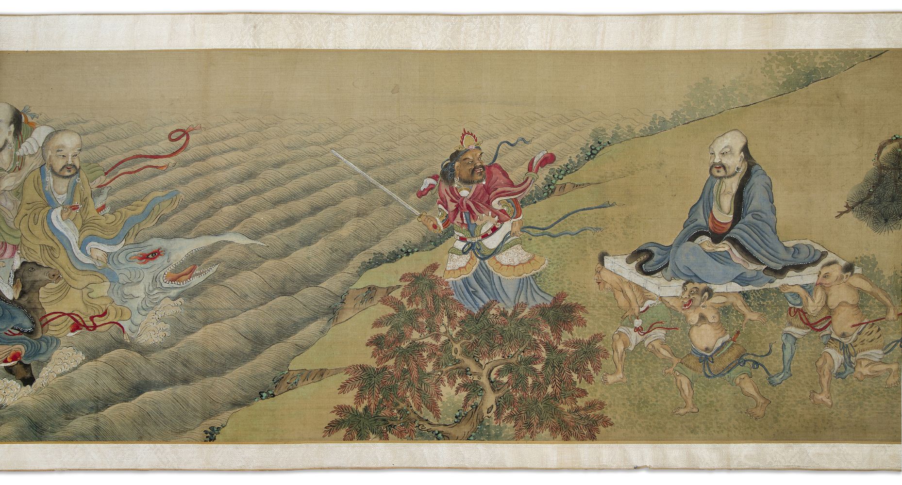 19th century Chinese School, ink and colour on silk handscroll, finely painted with immortals in - Image 3 of 5