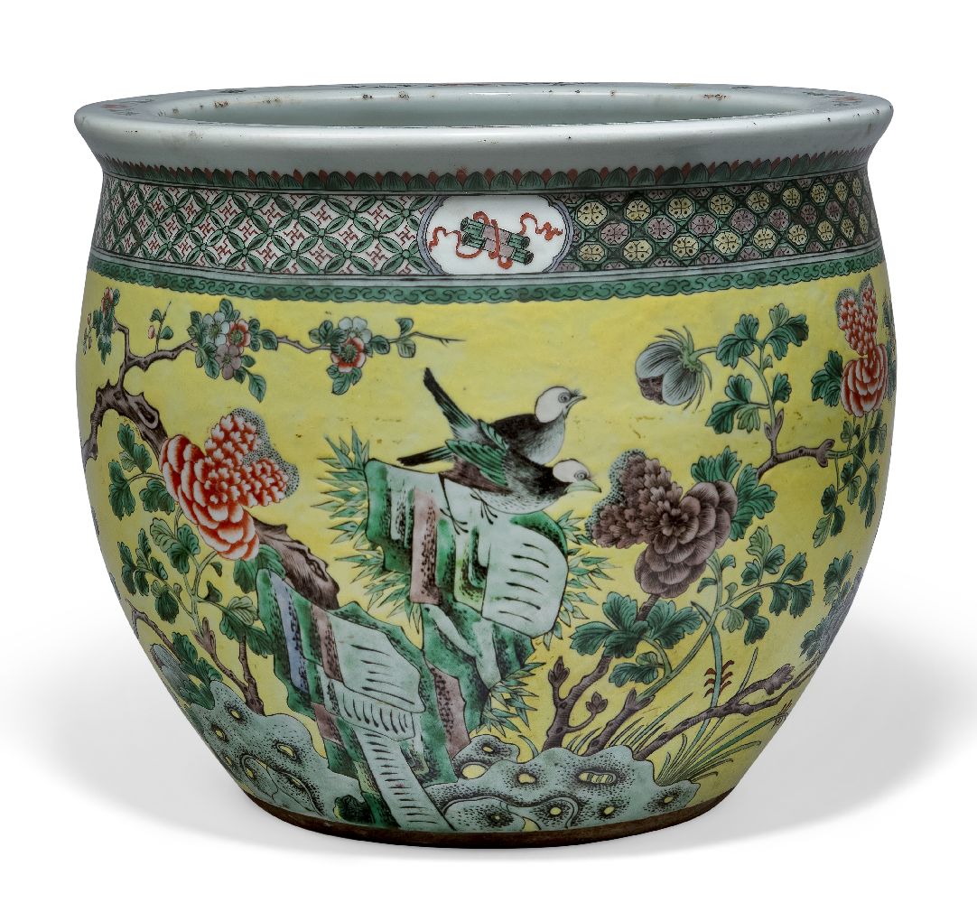 A Chinese porcelain famille verte jardinière, 19th century, painted with birds, rockwork and