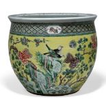 A Chinese porcelain famille verte jardinière, 19th century, painted with birds, rockwork and