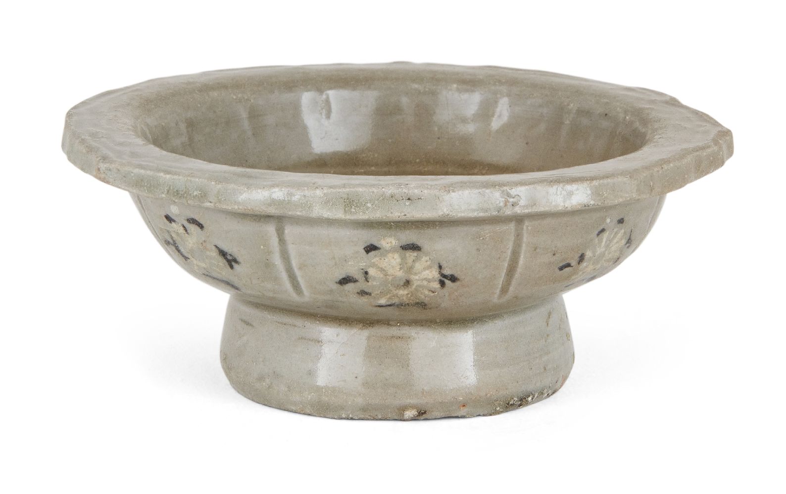 A Korean stoneware inlaid celadon stem bowl, Goryeo dynasty, on tapering foot, the shallow bowl with