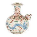 A Chinese Zhangzhou porcelain wucai 'dragons' kendi, Ming dynasty, painted to the exterior with a