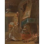 Circle of Pierre Louis Dumesnil, French 1698-1781- An Interior with an elegant lady, her spaniel,