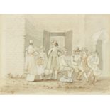 John Nixon, British c.1750-1818- A group of people outside an inn; pencil, pen and brown ink and