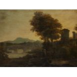 Circle of Richard Wilson, R.A., British 1714-1782- A wooded river landscape with figures walking and