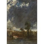 Follower of John Constable RA, British 1786-1837- A wooded landscape with cattle watering, stormy