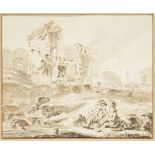 Simon Mathurin Lantara, French 1729-1778- Landscape with ruins; pencil, grey wash and red chalk on