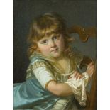 French School, mid-late 18th Century- Portrait of a girl seated on a chair, in a blue and white