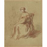 French School, late 18th Century- Study of a seated woman, holding a guitar; red and white chalk and