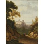 British School, late 18th / early 19th Century- An Italianate landscape with a castle and figures on