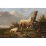 Eugene Joseph Verboeckhoven, Belgian 1798-1881- Sheep by a gate; oil on panel, signed and dated '