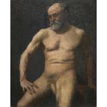 Belgian School, late 19th century- Male nude, seated three-quarter length turned to the left; oil on