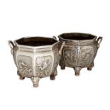 A pair of Chinese silvered bronze octagonal jardinieres, 20th century, the bodies cast with