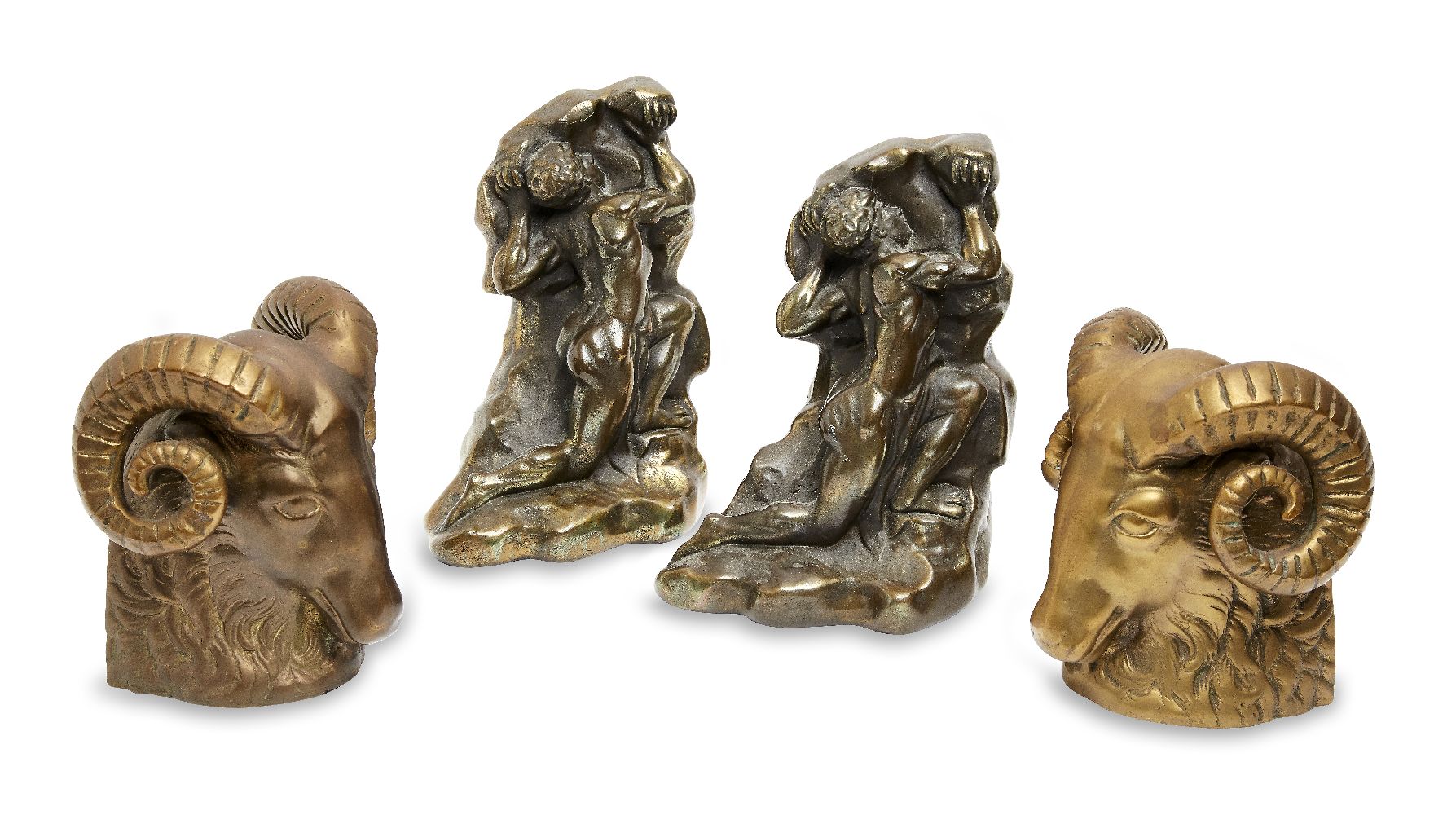 Two pairs of electrotype bookends, 20th century, one modelled as ram’s heads, the other as males