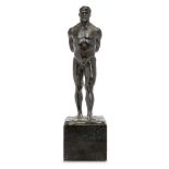 A French bronze model of a nude male, cast signature HB 1921, on serpentine marble plinth, 33cm