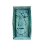 Pirjo Nylander, Finnish, a turquoise glazed pottery dish, c.1960s, decorated with a female face,