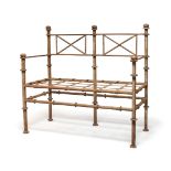 A wrought iron garden bench, second half 20th century, with bun shaped finials and slatted seat,