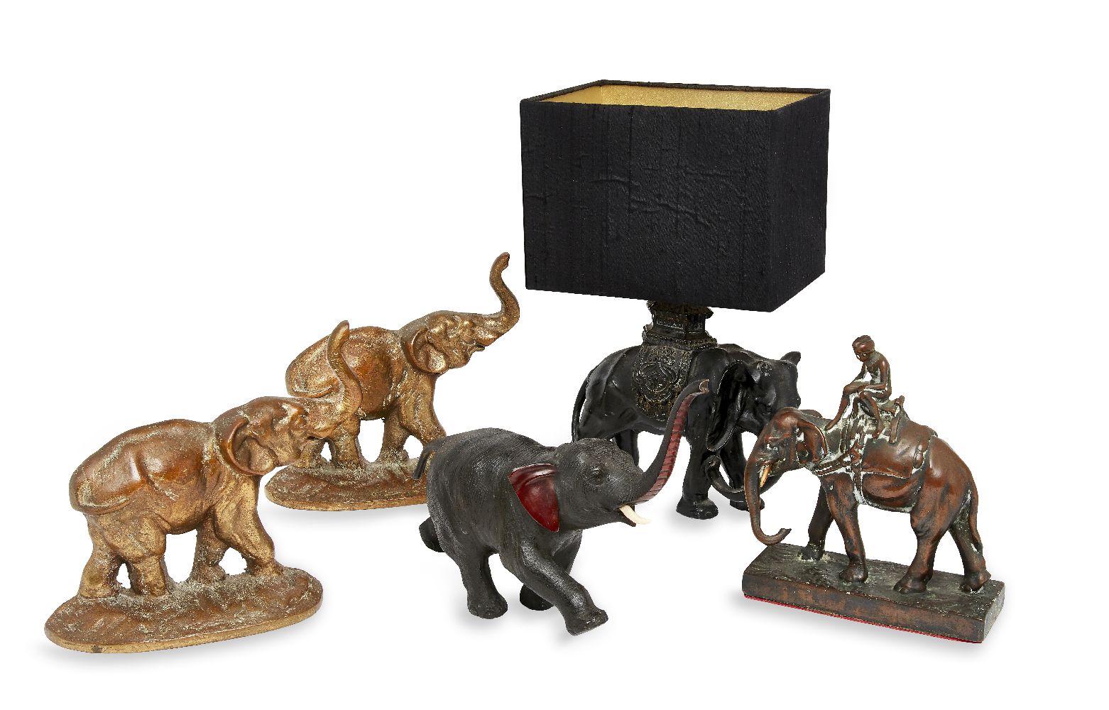 Two modern bronze elephant book ends, 21cm high, 20cm wide; together with a modern Japanese