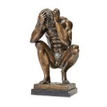 A modern bronze model of a crouching male nude, indistinct signature, on marble base, 41cm high