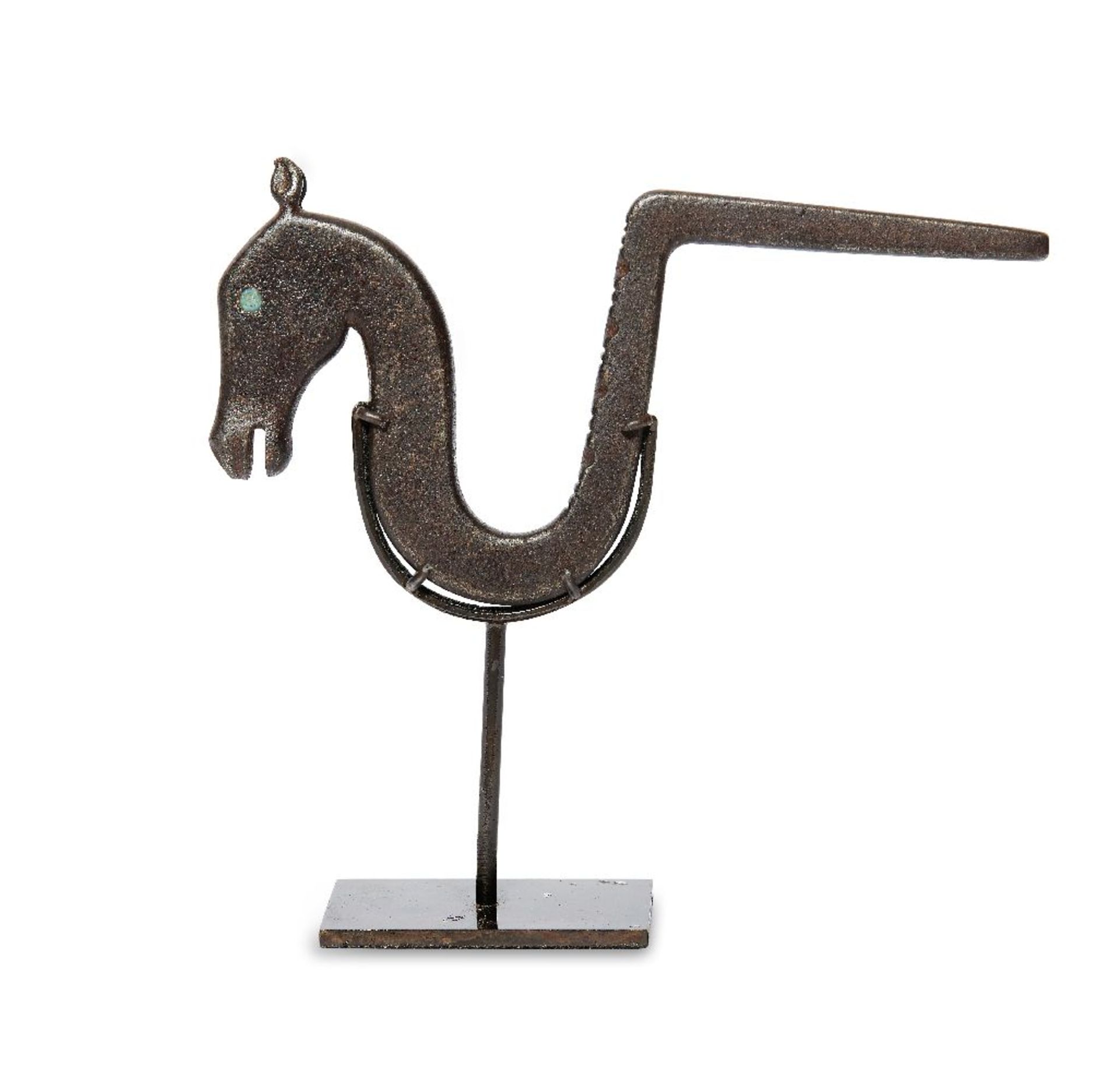 A tempered steel Mughal horse wall bracket, India, 17th century, the finial in the form of a horse's