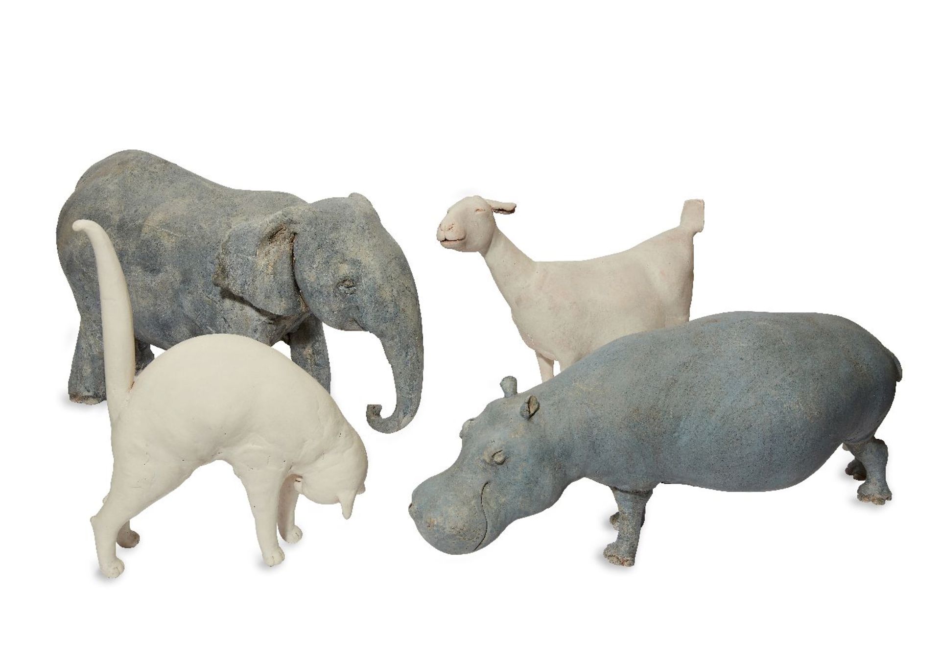 Zoe Whiteside, English, four studio pottery animals, comprising: an elephant, a hippopotamus, a goat