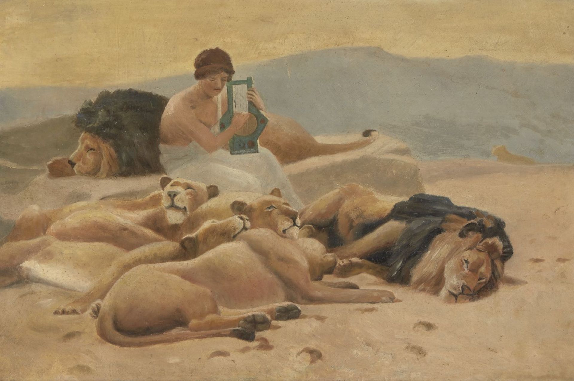 British School, late 19th century- Apollo playing his lyre surrounded by a pride of lions; oil on