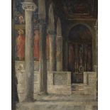 British School, early 20th century- Interior of a Romanesque cathedral; oil on canvas, 51x40cm