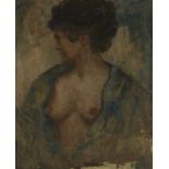 Belgian School, early-mid 20th century- Draped female nude half-length turned to the left; oil on