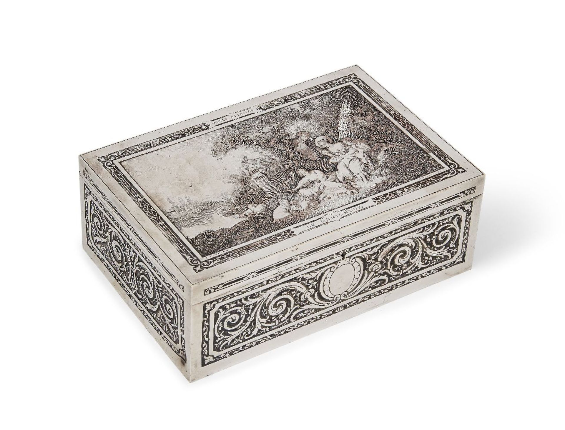 A silver plated 'Le Denicheur' design jewellery box, c.1900, the rectangular box engraved with a