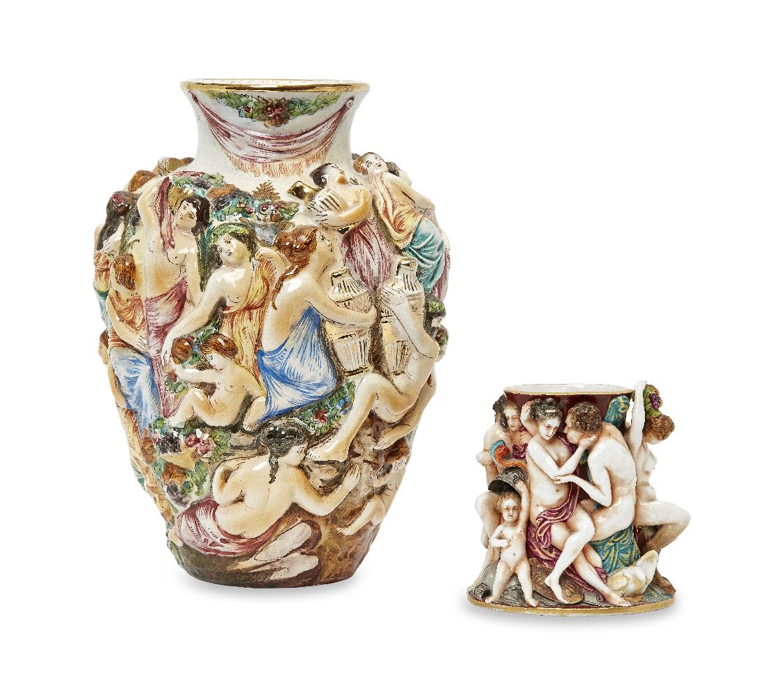 A Capodimonte vase, late 20th century, modelled with multiple classical figures, 29cm high; and a