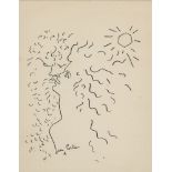 Jean Cocteau, French 1889-1963- Untitled/two figures embracing beneath a radiant sun; lithograph,