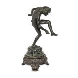 A French or Italian bronze model of a Baccante, late 19th century, on a stepped green marble and